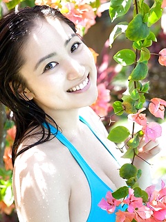 Irie Saaya Asian shows sexy body in blue bath suit in the pool by AllGravure